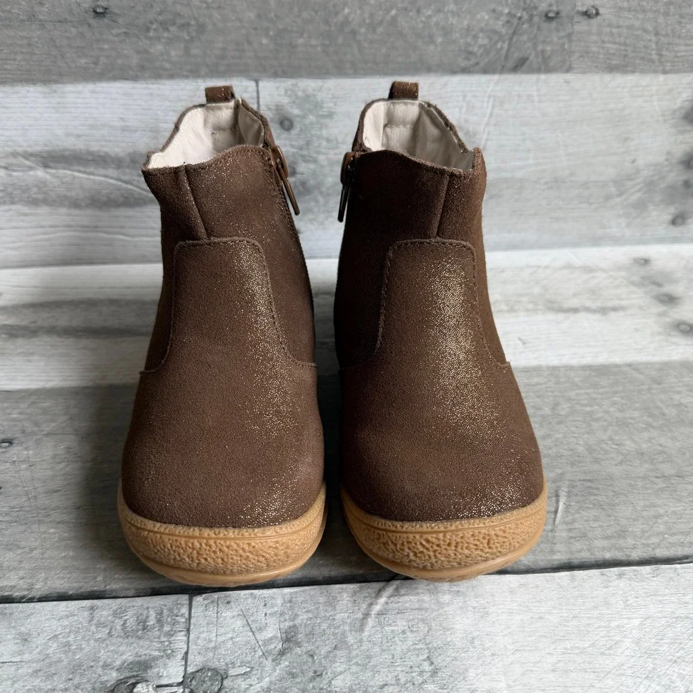 L'Amour Girls Brown Shimmer Leather Ankle Boots Scalloped Detail F-620 Size 9